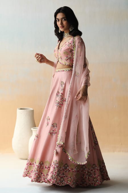Shop Aman Takyar Pink Organza, Dupion Silk Cutdana, Floral, Sequin V Neck Embroidered Lehenga Set at Aza Fashions Shop_Aman Takyar_Pink Organza, Dupion Silk Cutdana, Floral, Sequin V Neck Embroidered Lehenga Set _at_Aza_Fashions