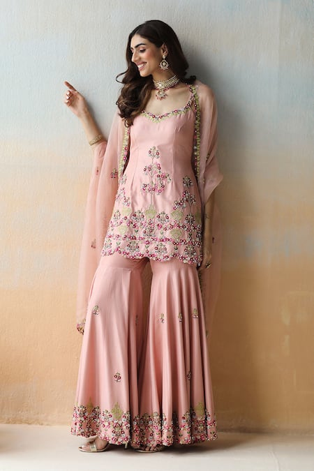 Shop Aman Takyar Pink Organza, Dupion Silk Cutdana, Floral, Sequin Embroidered Kurta Sharara Set at Aza Fashions Shop_Aman Takyar_Pink Organza, Dupion Silk Cutdana, Floral, Sequin Embroidered Kurta Sharara Set _at_Aza_Fashions