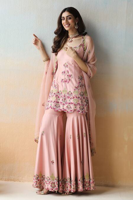 Aman Takyar Pink Organza, Dupion Silk Cutdana, Floral, Sequin Embroidered Kurta Sharara Set Online at Aza Fashions Aman Takyar_Pink Organza, Dupion Silk Cutdana, Floral, Sequin Embroidered Kurta Sharara Set _Online_at_Aza_Fashions