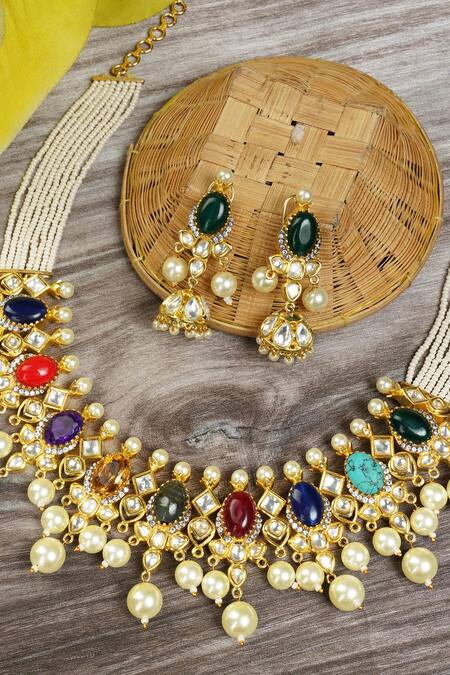 Auraa Trends_Gold Plated Pearls, Stones Kundan Polki Necklace Set _Online_at_Aza_Fashions