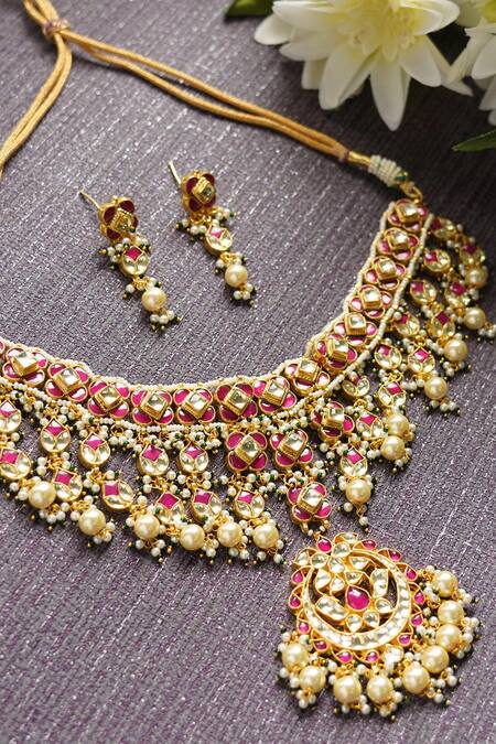 Buy_Auraa Trends_Gold Plated Kundan Polki Necklace Set_Online_at_Aza_Fashions