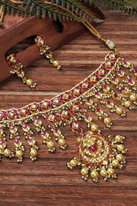 Shop_Auraa Trends_Gold Plated Kundan Polki Necklace Set_Online_at_Aza_Fashions