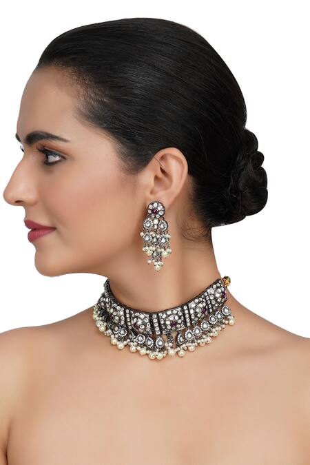 Buy_Auraa Trends_Gold Plated Beads, Diamonds, Pearls And Kundan Polki Necklace Set _Online_at_Aza_Fashions