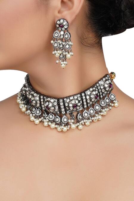 Shop_Auraa Trends_Gold Plated Beads, Diamonds, Pearls And Kundan Polki Necklace Set _Online_at_Aza_Fashions