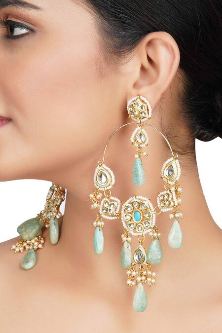Shop_Auraa Trends_Gold Plated Pearls Kundan Polki Drop Earrings _Online_at_Aza_Fashions