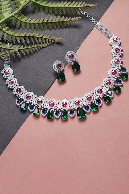 Buy_Auraa Trends_Silver Plated Imitation Diamonds Stone Drop Necklace Set _Online_at_Aza_Fashions