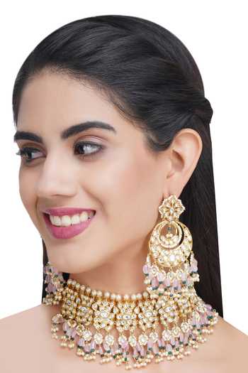 Buy_Auraa Trends_Gold Plated Beads, Kundans, Stones Studded Choker Set_Online_at_Aza_Fashions