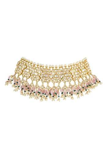 Shop Auraa Trends Gold Plated Beads, Kundans, Stones Studded Choker Set Online at Aza Fashions Shop_Auraa Trends_Gold Plated Beads, Kundans, Stones Studded Choker Set_Online_at_Aza_Fashions
