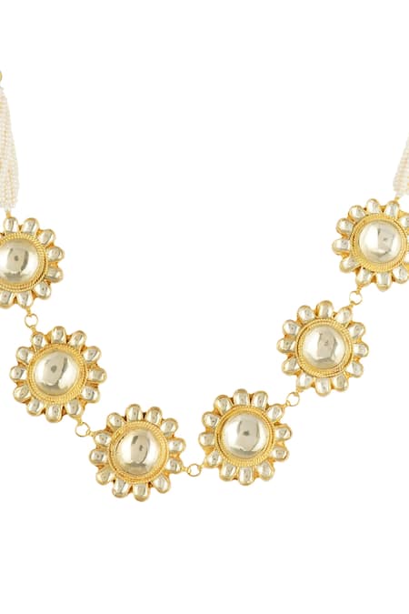 Shop_Auraa Trends_Gold Plated Diamonds, Stones Floral Motif Necklace Set _Online_at_Aza_Fashions