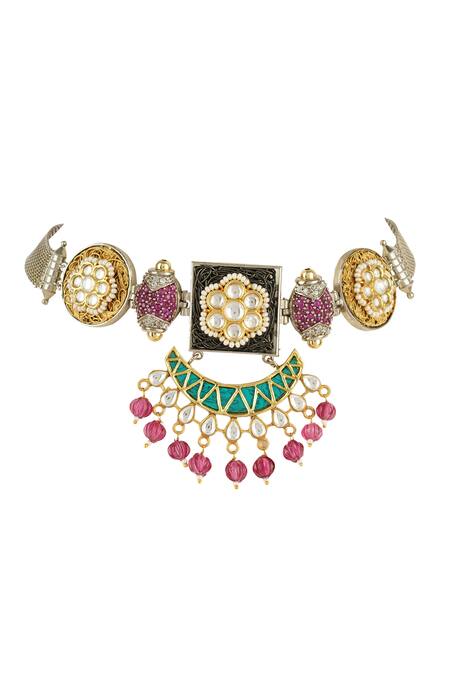 Shop_Auraa Trends_Gold Plated Pearls, Diamonds Kundan Choker Set _Online_at_Aza_Fashions