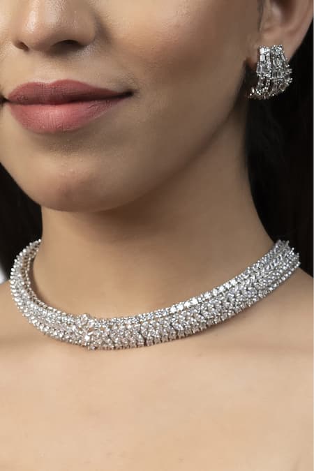 Shop Auraa Trends White Zari Zircon Choker Set at Aza Fashions Shop_Auraa Trends_White Zari Zircon Choker Set _at_Aza_Fashions