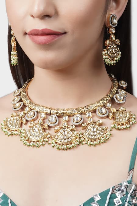 Shop Auraa Trends Gold Plated Pearls, Diamonds, Stones Kundan Necklace Set at Aza Fashions Shop_Auraa Trends_Gold Plated Pearls, Diamonds, Stones Kundan Necklace Set _at_Aza_Fashions