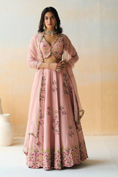 Aman Takyar Pink Organza, Dupion Silk Cutdana, Floral, Sequin V Neck Embroidered Lehenga Set Online at Aza Fashions Aman Takyar_Pink Organza, Dupion Silk Cutdana, Floral, Sequin V Neck Embroidered Lehenga Set _Online_at_Aza_Fashions