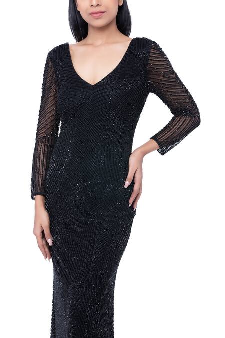 Ambrosia_Black 100% Nylon Mesh Cutdana, Sequin V Neck Hand Embroidered Gown_Online_at_Aza_Fashions