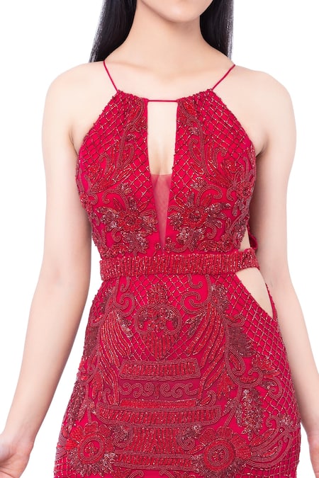 Ambrosia_Red 100% Nylon Mesh Checkered, Floral Keyhole Hand Embroidered Gown_Online_at_Aza_Fashions