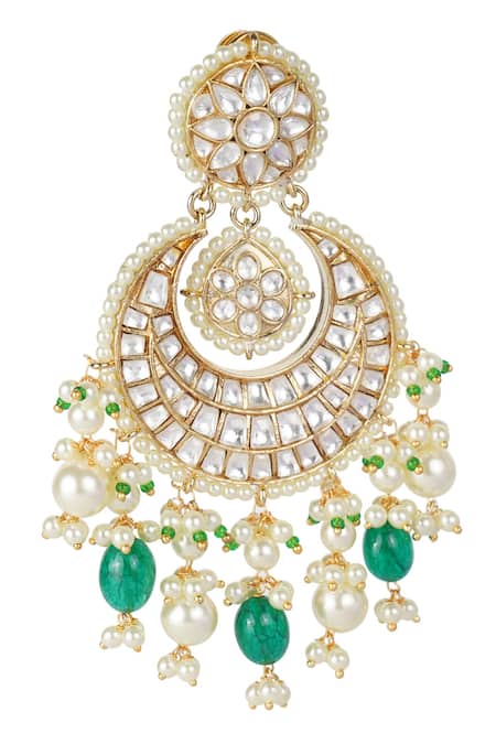 Shop_Auraa Trends_Gold Plated Pearls, Beads, Gota Patti Floral Kundan Chandbalis _Online_at_Aza_Fashions