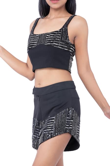 Ambrosia_Black 100% Nylon Mesh Cutdana, Sequin Square Embroidered Crop Top And Shorts Set_Online_at_Aza_Fashions