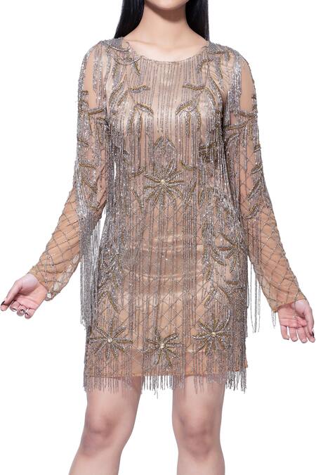 Ambrosia_Gold 100% Nylon Mesh Sequin Work, Beads Round Neck Fringe Embroidered Dress _Online_at_Aza_Fashions