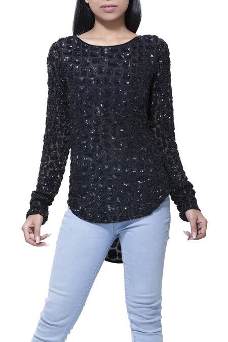 Ambrosia Black 100% Nylon Mesh Round Neck Asymmetric Embellished Top Online at Aza Fashions Ambrosia_Black 100% Nylon Mesh Round Neck Asymmetric Embellished Top _Online_at_Aza_Fashions