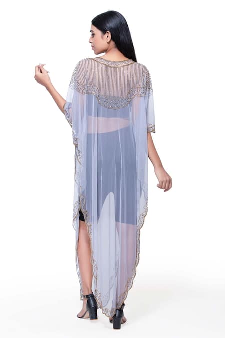 Shop Ambrosia Purple 100% Nylon Mesh Abstract, Beads Boat Neck Asymmetric Embroidered Kaftan at Aza Fashions Shop_Ambrosia_Purple 100% Nylon Mesh Abstract, Beads Boat Neck Asymmetric Embroidered Kaftan _at_Aza_Fashions