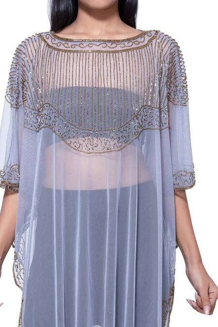 Ambrosia Purple 100% Nylon Mesh Abstract, Beads Boat Neck Asymmetric Embroidered Kaftan Online at Aza Fashions Ambrosia_Purple 100% Nylon Mesh Abstract, Beads Boat Neck Asymmetric Embroidered Kaftan _Online_at_Aza_Fashions