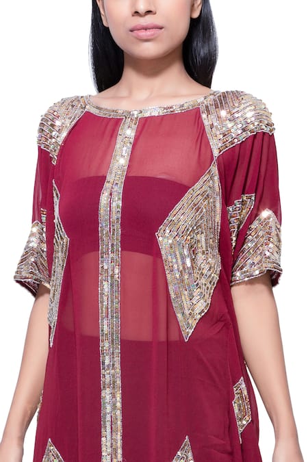 Ambrosia_Maroon 100% Nylon Mesh Sequin Work Boat Neck Embellished Kaftan _Online_at_Aza_Fashions