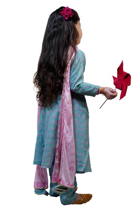 Tiny Colour_Blue Cotton Lace Block Print Kurta And Pant Set _Online_at_Aza_Fashions