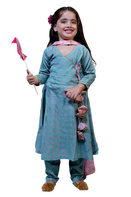 Buy_Tiny Colour_Blue Cotton Lace Block Print Kurta And Pant Set _Online_at_Aza_Fashions