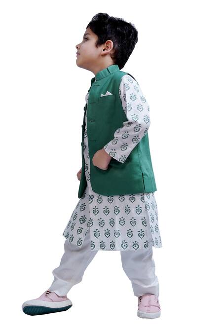 Tiny Colour_Green Cotton Embroidery Block Print Kurta Set With Bundi _Online_at_Aza_Fashions