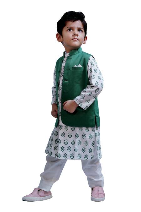 Buy_Tiny Colour_Green Cotton Embroidery Block Print Kurta Set With Bundi _Online_at_Aza_Fashions