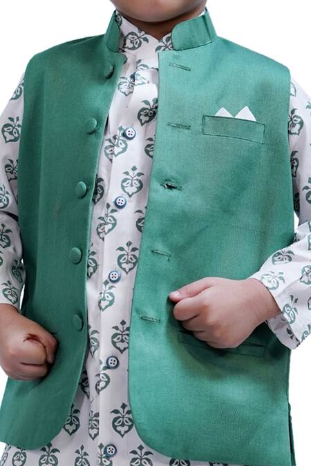 Shop Tiny Colour Green Cotton Embroidery Block Print Kurta Set With Bundi Online at Aza Fashions Shop_Tiny Colour_Green Cotton Embroidery Block Print Kurta Set With Bundi _Online_at_Aza_Fashions