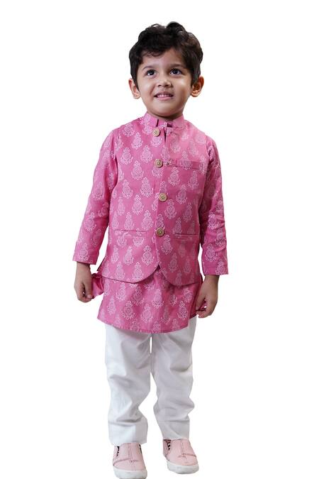 Buy_Tiny Colour_Pink Cotton Embroidery Block Print Bundi Kurta Set _Online_at_Aza_Fashions