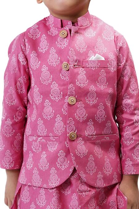 Tiny Colour Pink Cotton Embroidery Block Print Bundi Kurta Set at Aza Fashions Tiny Colour_Pink Cotton Embroidery Block Print Bundi Kurta Set _at_Aza_Fashions