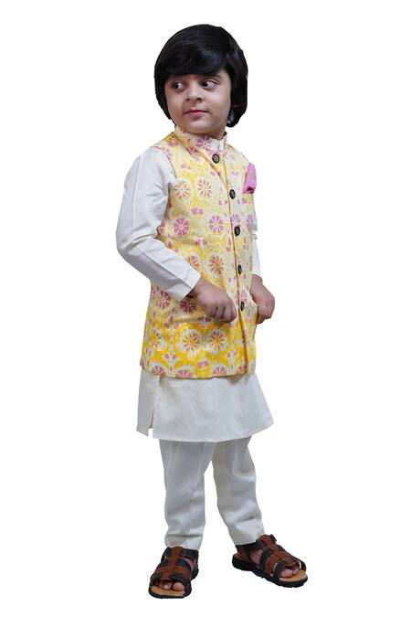 Tiny Colour_Yellow , Satin Embroidery Block Print Bundi And Kurta Set _Online_at_Aza_Fashions