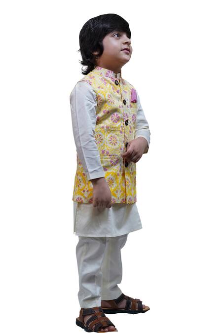 Buy_Tiny Colour_Yellow , Satin Embroidery Block Print Bundi And Kurta Set _Online_at_Aza_Fashions