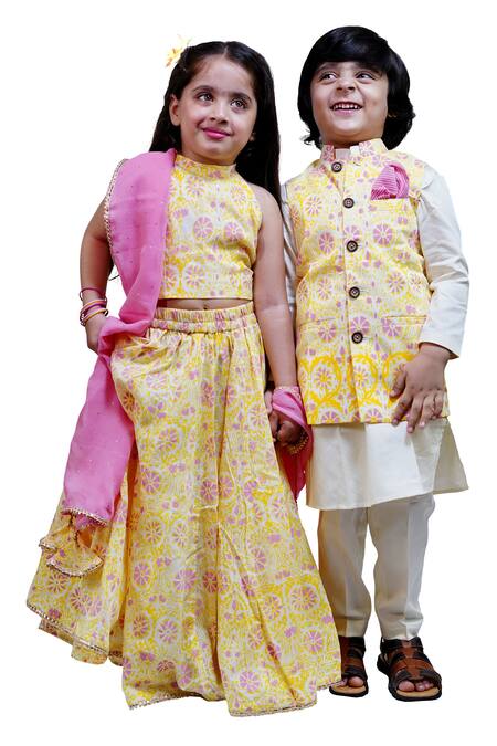 Shop_Tiny Colour_Yellow , Satin Embroidery Block Print Bundi And Kurta Set _Online_at_Aza_Fashions