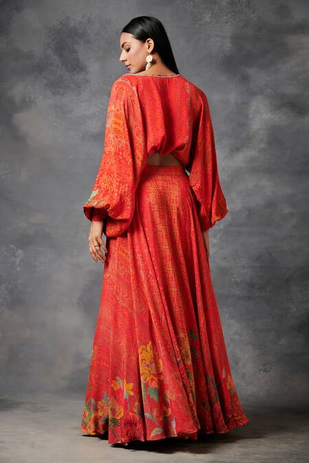 Shop_Saundh_Orange Natural Crepe Printed And Embroidered Floral V Apatani Top & Skirt Set_at_Aza_Fashions