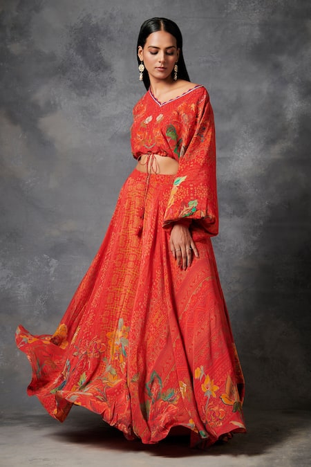 Saundh_Orange Natural Crepe Printed And Embroidered Floral V Apatani Top & Skirt Set_Online_at_Aza_Fashions