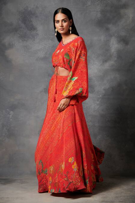 Buy_Saundh_Orange Natural Crepe Printed And Embroidered Floral V Apatani Top & Skirt Set_Online_at_Aza_Fashions