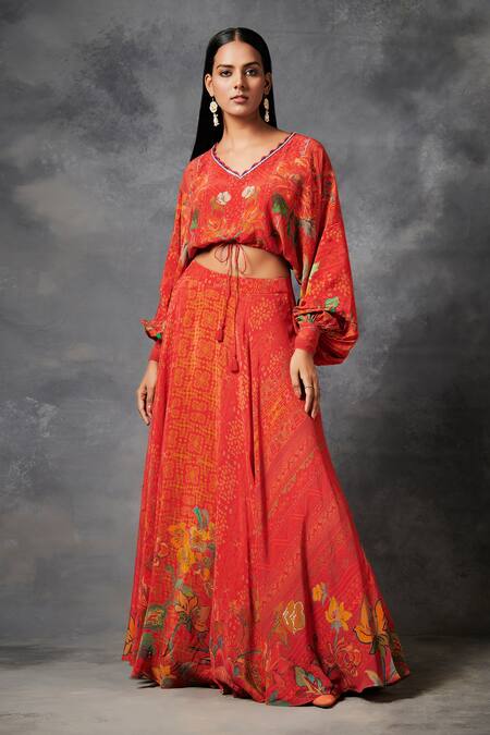 Shop_Saundh_Orange Natural Crepe Printed And Embroidered Floral V Apatani Top & Skirt Set_Online_at_Aza_Fashions