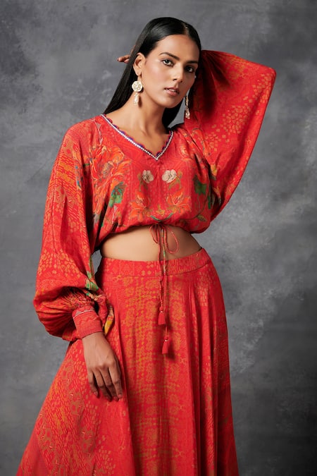 Saundh_Orange Natural Crepe Printed And Embroidered Floral V Apatani Top & Skirt Set_at_Aza_Fashions