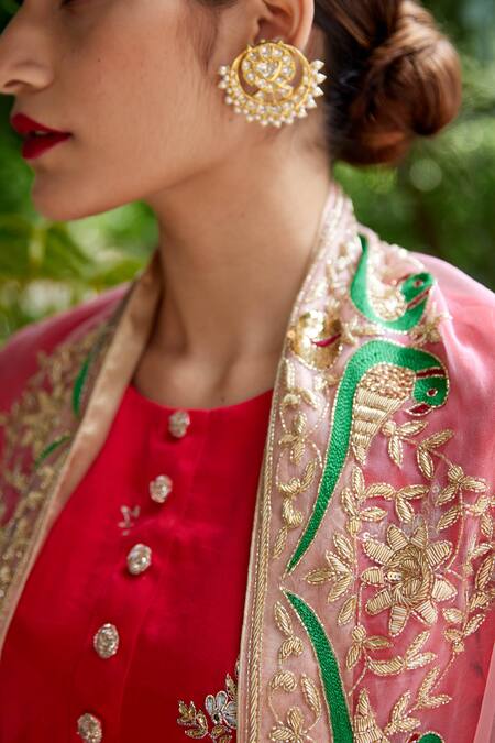 Shop_Atelier Shikaarbagh_Red Satin, Cotton, Organza, Lurex Floral Kurta Churidar Set _Online_at_Aza_Fashions