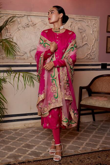 Atelier Shikaarbagh_Pink Satin, Cotton, Organza, Lurex Embroidery Round Kurta Churidar Set _Online_at_Aza_Fashions