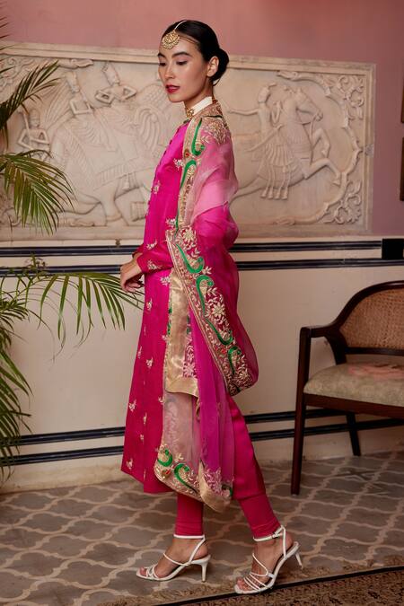 Buy_Atelier Shikaarbagh_Pink Satin, Cotton, Organza, Lurex Embroidery Round Kurta Churidar Set _Online_at_Aza_Fashions