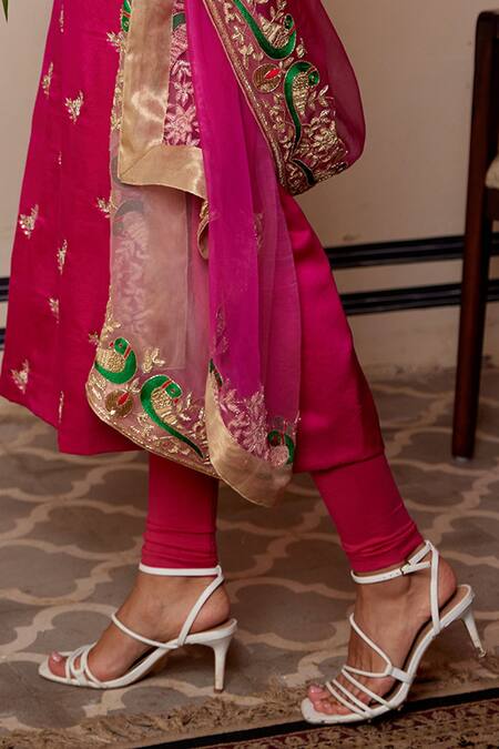 Shop_Atelier Shikaarbagh_Pink Satin, Cotton, Organza, Lurex Embroidery Round Kurta Churidar Set _Online_at_Aza_Fashions