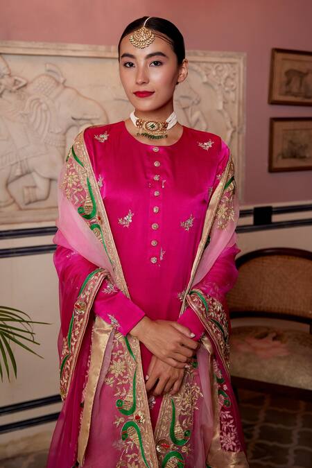 Atelier Shikaarbagh_Pink Satin, Cotton, Organza, Lurex Embroidery Round Kurta Churidar Set _at_Aza_Fashions