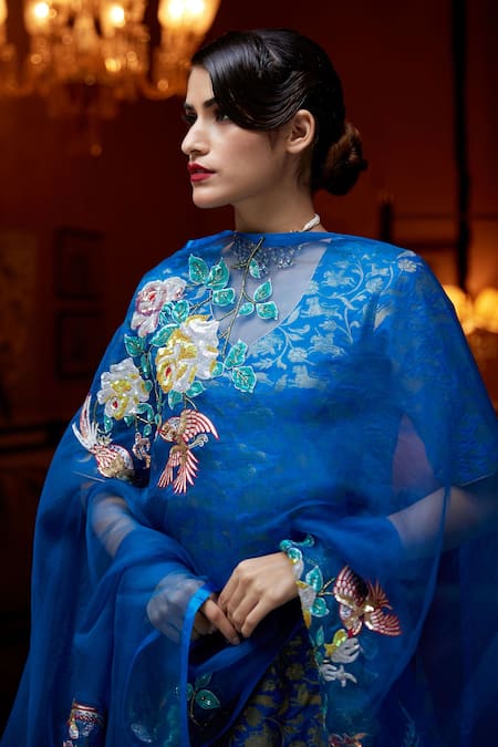 Atelier Shikaarbagh_Blue Brocade, Satin, Organza Embroidery Banarasi Kurta Churidar Set _at_Aza_Fashions