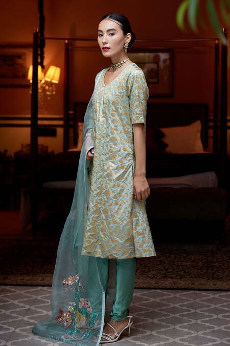 Atelier Shikaarbagh_Green Brocade, Satin, Organza Floral Pattern Kurta Churidar Set _Online_at_Aza_Fashions