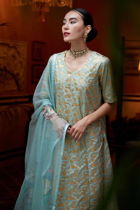 Buy_Atelier Shikaarbagh_Green Brocade, Satin, Organza Floral Pattern Kurta Churidar Set _Online_at_Aza_Fashions