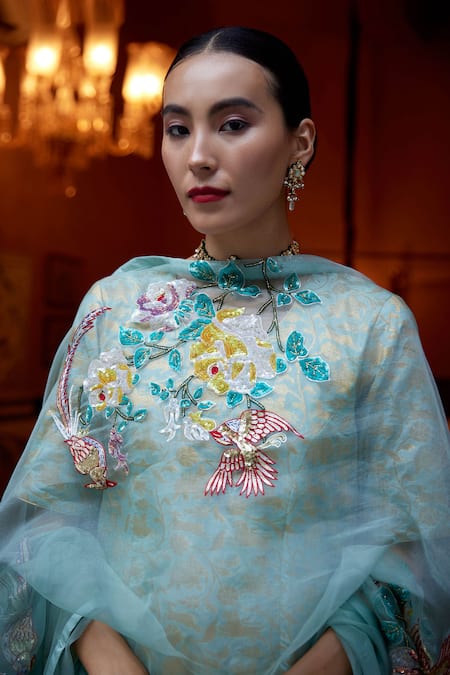 Shop_Atelier Shikaarbagh_Green Brocade, Satin, Organza Floral Pattern Kurta Churidar Set _Online_at_Aza_Fashions